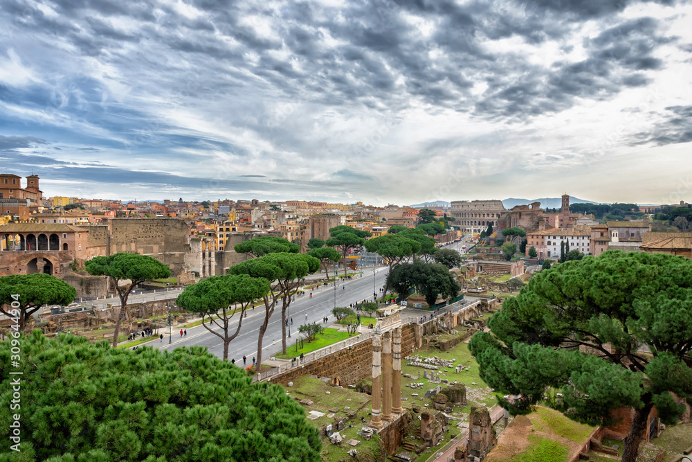  Panorama of the ancient part of Rome - the Colosseum, the forum, from the height of Vittoriano