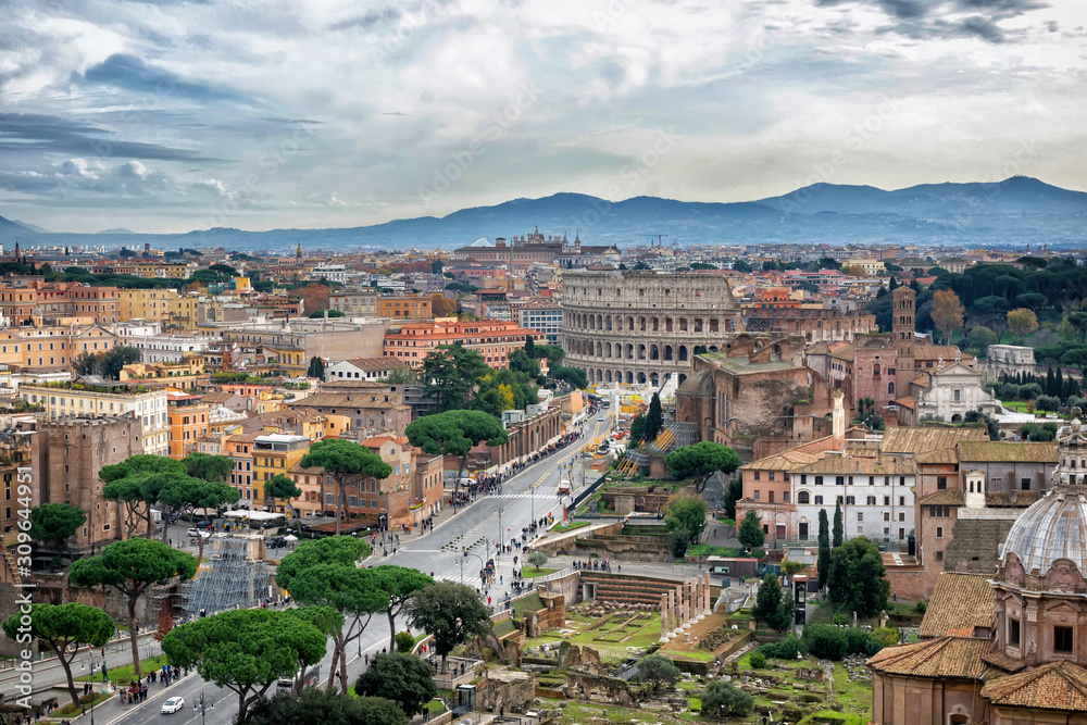  Panorama of the ancient part of Rome - the Colosseum, the forum, from the height of Vittoriano