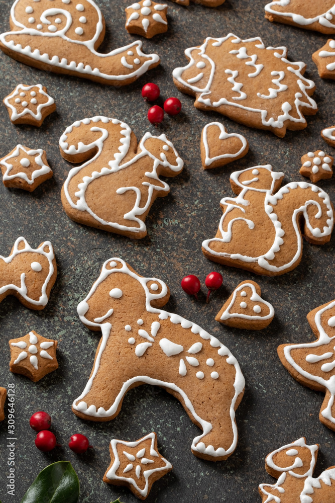 Christmas gingerbread cookies on a dark background