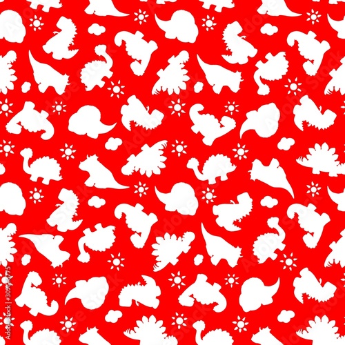 Seamless silhouette of dinosaurs in red-white Christmas, tones.