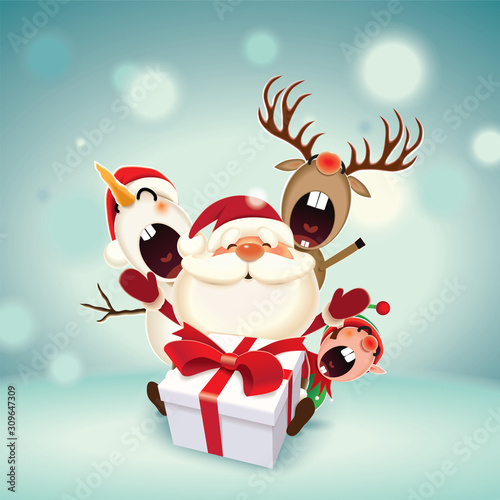 Christmas companions-Santa Claus,Reindeer,Snowman and Elf with gift box isolated on a blue sparkle background