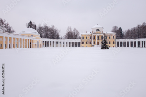 Panorama of the old manor Znamenka-Raek. The landscape is very snowy. Raek Village, Tver Oblast, Russia.