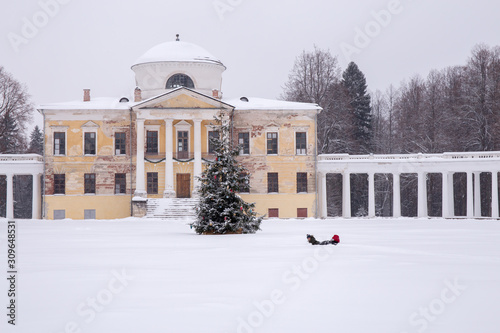Panorama of the old manor Znamenka-Raek. The landscape is very snowy. Raek Village, Tver Oblast, Russia. photo