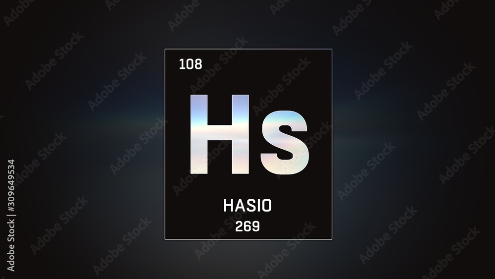 3D illustration of Hassium as Element 108 of the Periodic Table. Grey illuminated atom design background with orbiting electrons. Name, atomic weight, element number in Spanish language 3D illustration of Hassium as Element 108 of the Periodic Table. Grey illuminated atom design background with orbiting electrons. Name, atomic weight, element number in Spanish language