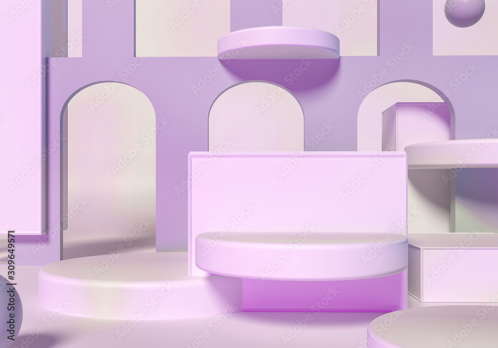 Architectural trend composition. Cubic, cylindrical geometric pedestal, podium. Soft pink violet blue, pastel colors. Stylish 3d advertisement illustration. Exhibition podium in promotion brand store