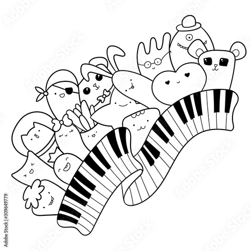 Musical doodle illustration.  Piano keys with kawaii creatures, cute monsters and animals. Pattern for coloring page or design print. Easy to change color inside of objects.