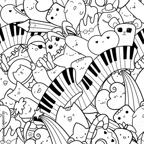 Seamless doodles pattern with musical instrument.  Piano keys with kawaii creatures, cute monsters and animals. Pattern for coloring page or design print. Easy to change color inside of objects.