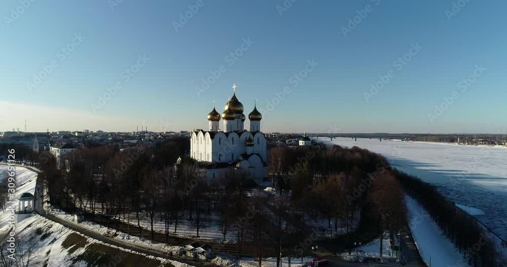 Orthodox Assumption Cathedral in the city of Yaroslavl on Strelka. At ...