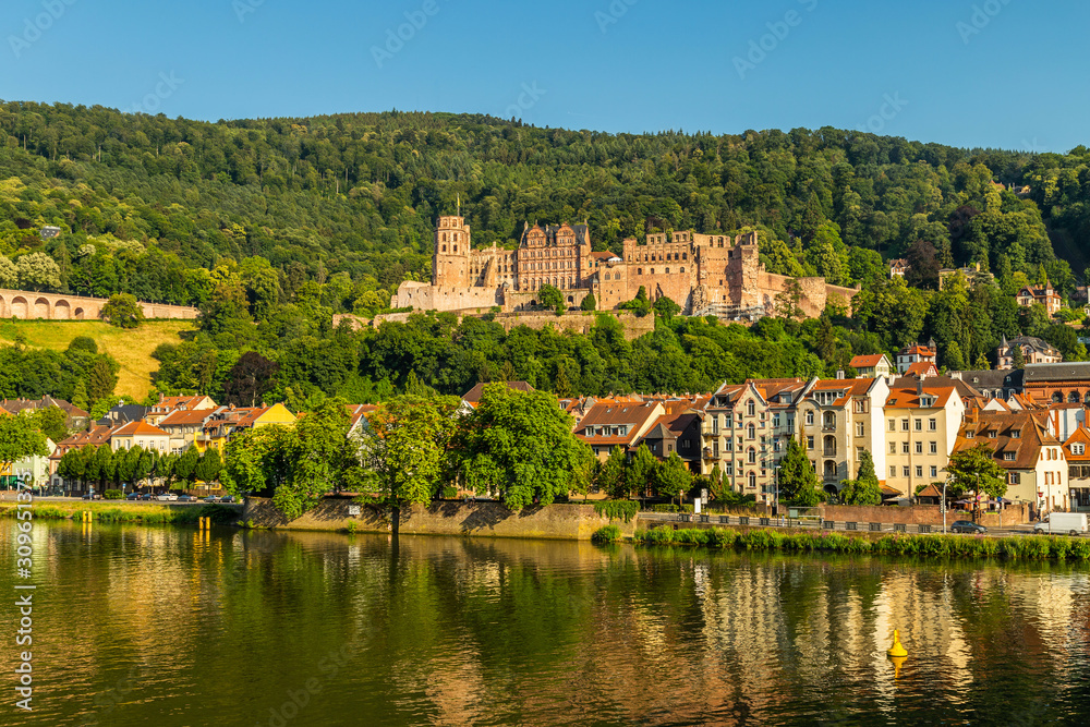 View of city Heidelberg and ruins of renaissance Heidelberg Castle on Konigstuhl hill, Germany
