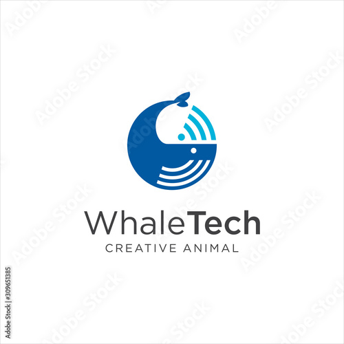 Whale Tech Logo . Abstract whale logo Wifi . Radar Whale Logo . Circle whale logo