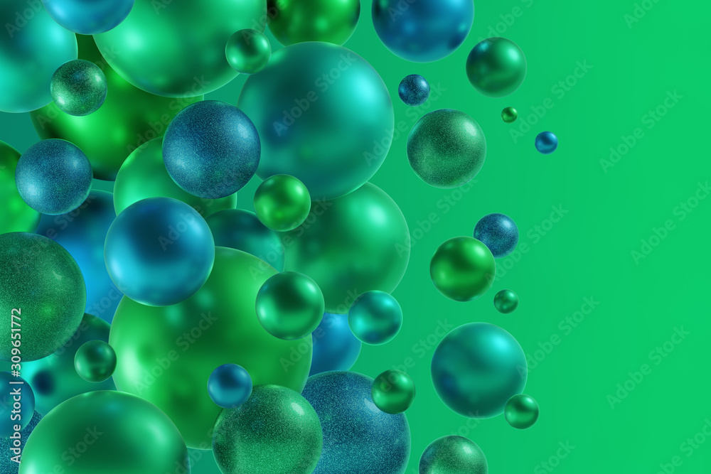 Festive Design of Colour Balls. Greeting card composed from 3D rendering varicoloured balls on green background.