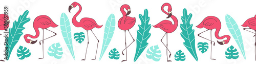 Seamless horizontal border with cute hand drawn flamingos. Exotic birds on white background. Flat vector illustration.
