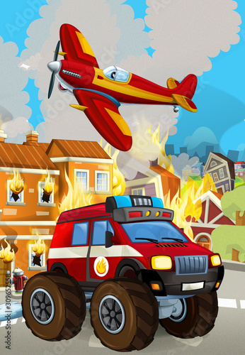 cartoon scene with fireman car vehicle near burning building - illustration for children