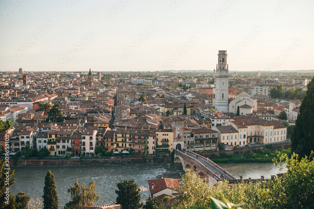 Beautiful panoramic aerial view of traditional architecture in Verona in Italy.