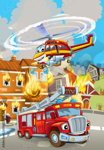 Fototapeta Naklejka Na Ścianę i Meble -  cartoon scene with fireman car vehicle near burning building - illustration for children