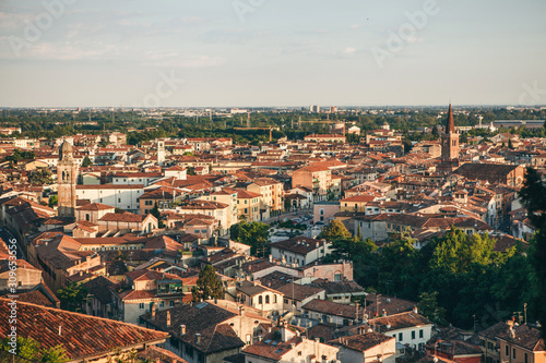 Beautiful sunset aerial view of traditional architecture in Verona in Italy.
