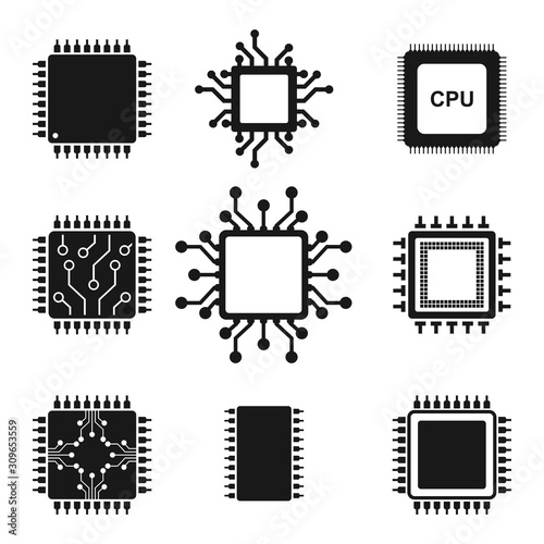 Computer Chips and Electronic Circuit icons, isolated on white background.