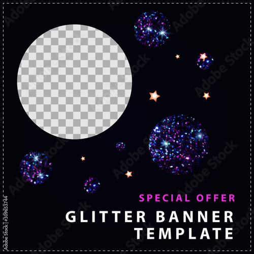 Dark glitter banner template with photo