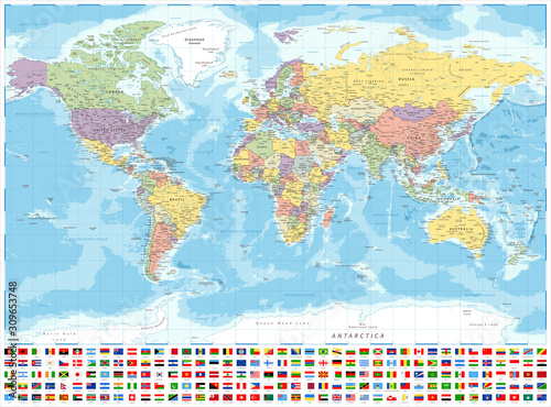 Fototapeta Naklejka Na Ścianę i Meble -  World Map Political and Flags - Vector Detailed Illustration