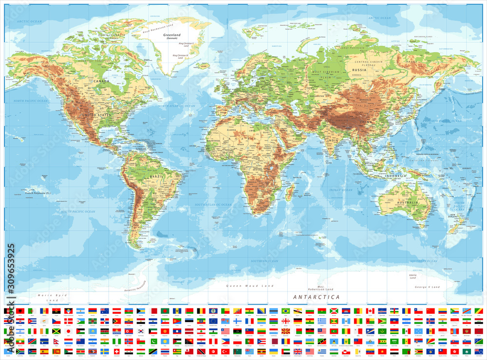 Naklejka Mapa świata i flagi - Fizyczna topografia - wektor Szczegółowa ilustracja