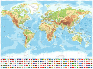 Handdoek met foto Wereldkaart Topografische wereldkaart met vlaggen  © Porcupen