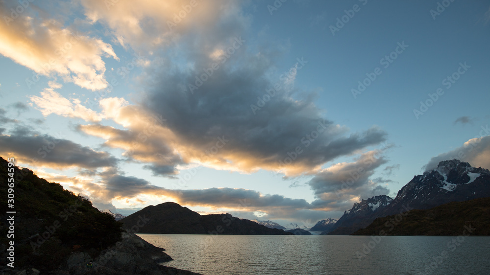 View at sunset from the Mirador Gray Lake in the Torres del Paine mountains, Torres del Paine National Park, Chile