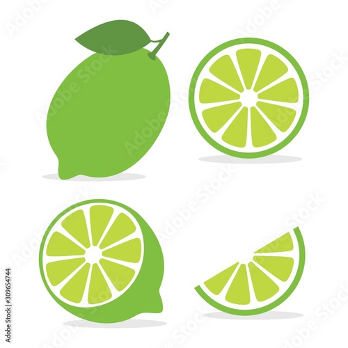 Lime fruits with slices and leaves on white background, Lime whole, half and slice vector illustration. Green citrus set icons
