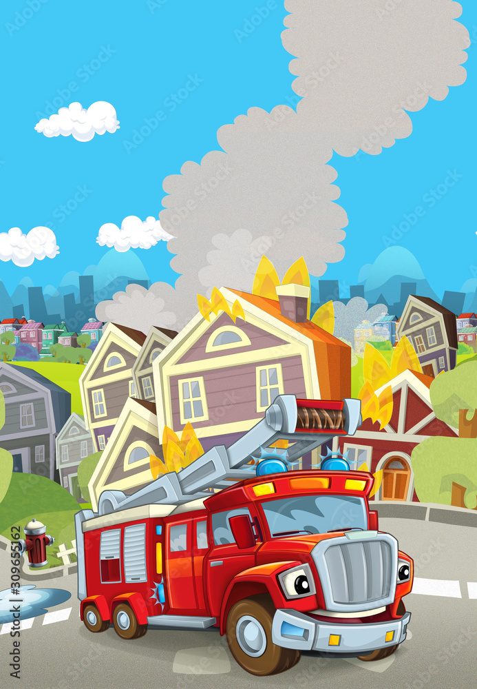 Fototapeta scena kreskówka z pojazdem strażackim w pobliżu płonącego budynku - ilustracja dla dzieci