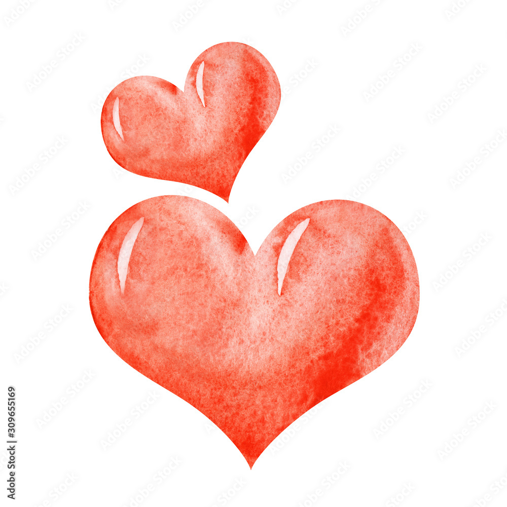 Decorative element. Theme of Valentine's Day. A couple of hearts of bright red hearts in love. Symbol of love. Hand drawn watercolor illustration. Decorative element on a white background.