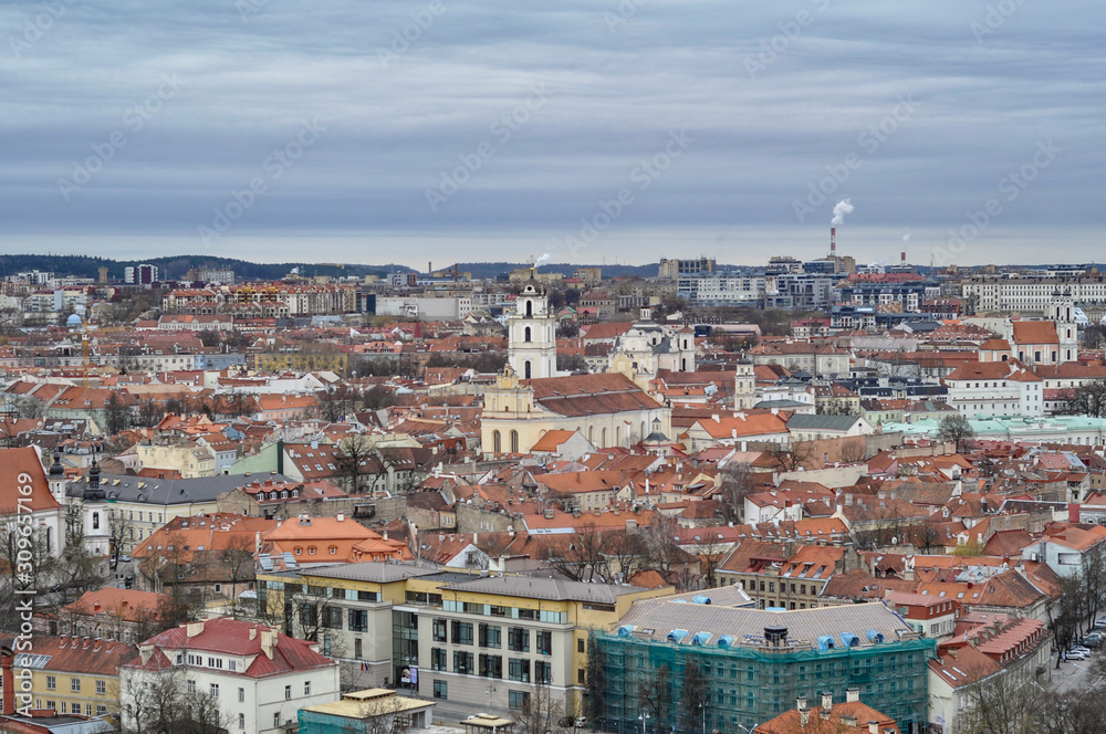 Panoramic aerial view of Vilnius city from the Hill of Three Crosses. Lithuania