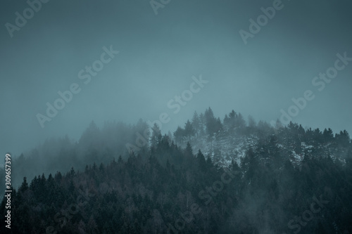 Beautiful winter mountain nature landscape scenery with moody weather clouds and pine tree silhouettes in the fog clouds. Mountain Forest, Brocken, Harz National Park Mountains in Germany