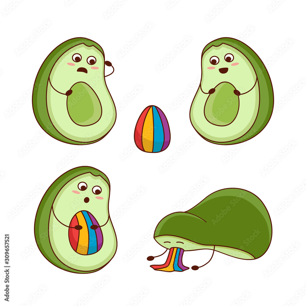Cute cartoon avocado family, two parents and a rainbow child. Young