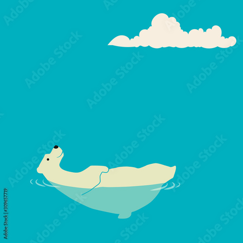 Polar Bear. Thalarctos Maritimus (Ursus maritimus) commonly known as Polar bear swimming on water looking sky clouds