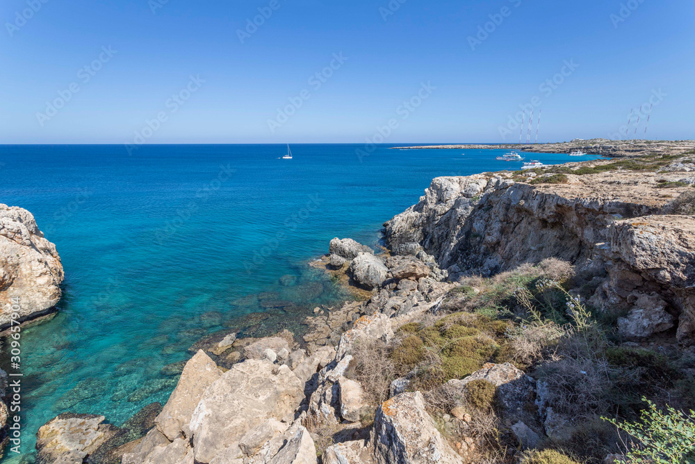 panorama of the mountain, sea, sky near Cape Greco, Ayia Napa, Cyprus