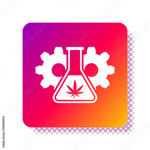 White Chemical test tube with marijuana or cannabis leaf icon isolated on white background. Research concept. Laboratory CBD oil concept. Square color button. Vector Illustration