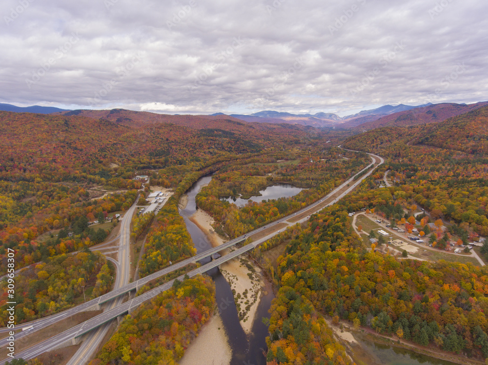Interstate Highway 93 at Exit 30 with US Route 3 and Pemigewasset River in White Mountain