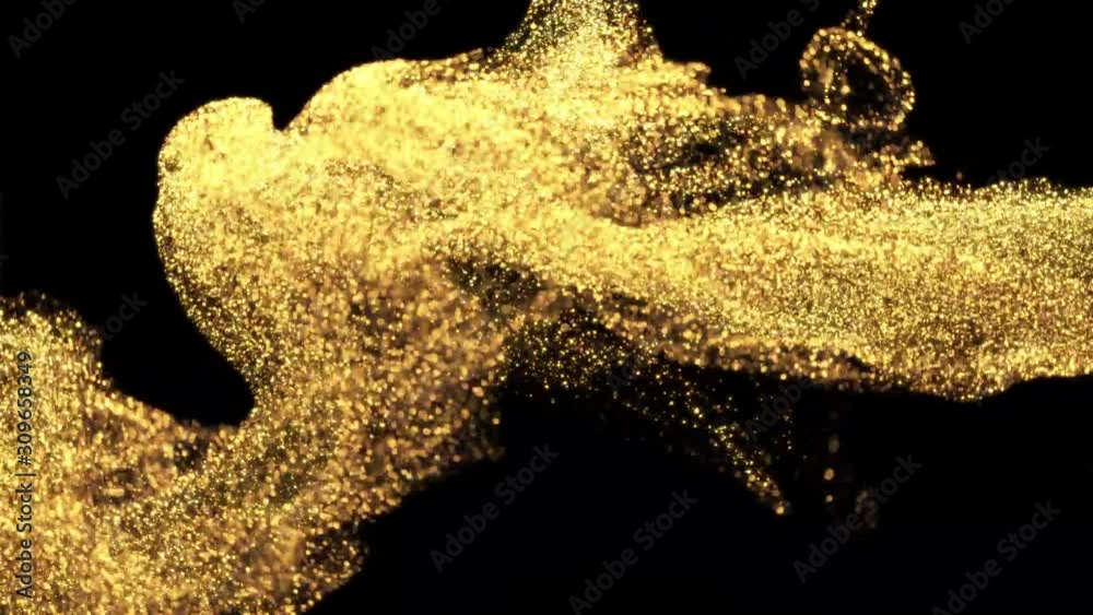 Sparkling glitter drops in water. Shiny golden particles swirling underwater in slow motion. Glamour art background. Abstract flowing glittering fluid liquid animation. Isolated on black alpha channel Sparkling glitter drops in water. Shiny golden particles swirling underwater in slow motion. Glamour art background. Abstract flowing glittering fluid liquid animation. Isolated on black alpha channel