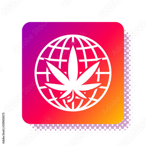 White Legalize marijuana or cannabis globe symbol icon isolated on white background. Hemp symbol. Square color button. Vector Illustration