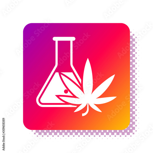 White Chemical test tube with marijuana or cannabis leaf icon isolated on white background. Research concept. Laboratory CBD oil concept. Square color button. Vector Illustration