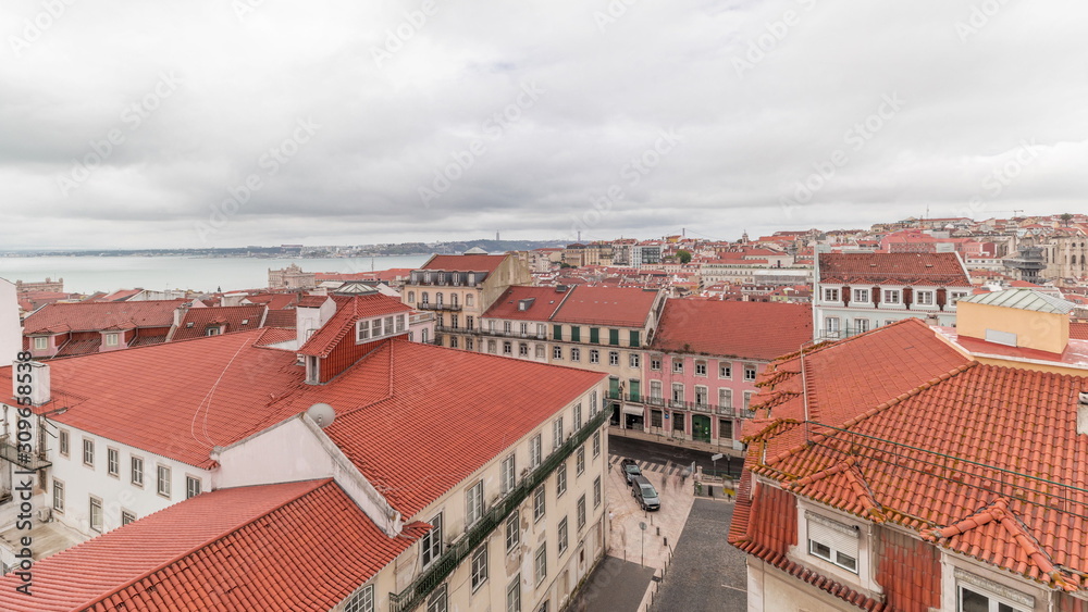 Lisbon aerial cityscape skyline timelapse from viewpoint of St. Jorge Castle, Portugal.