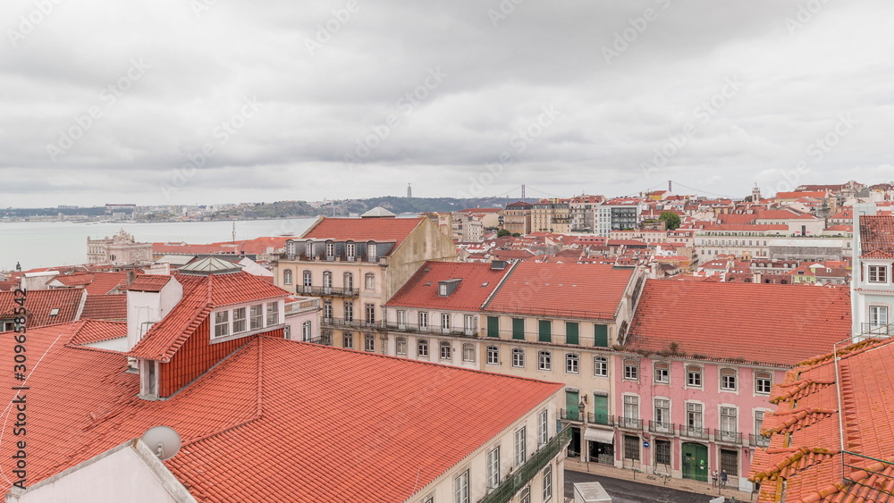 Lisbon aerial cityscape skyline timelapse from viewpoint of St. Jorge Castle, Portugal.