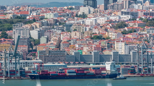 Panorama of Lisbon historical centre aerial timelapse viewed from above the southern margin of the Tagus or Tejo River.