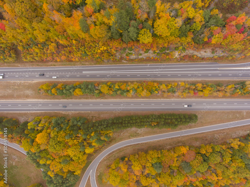 Interstate Highway 93 at Exit 30 with US Route 3 in White Mountain National Forest top view with
