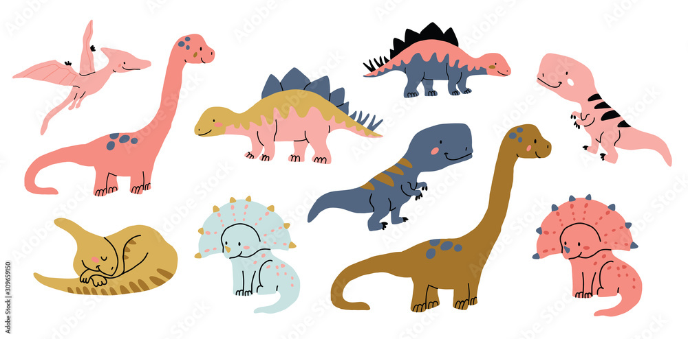 Cute dinosaurs doodles set isolated on white