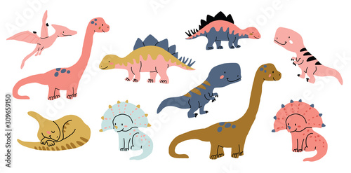 Fototapeta Cute dinosaurs doodles set isolated on white