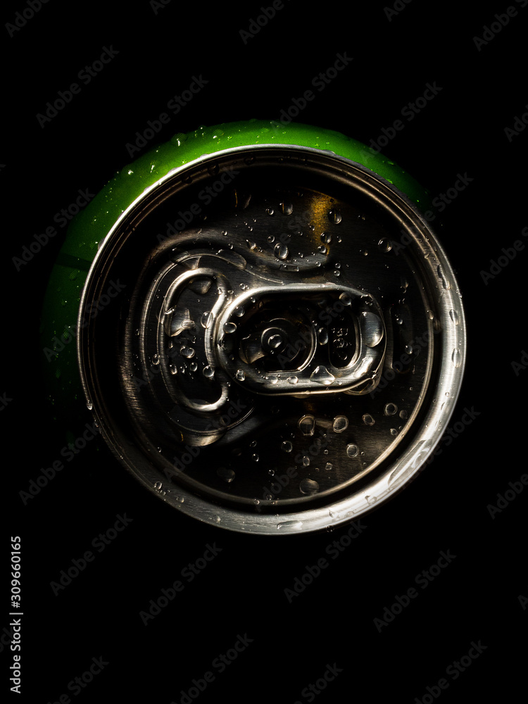 aluminum soda and beer beverage can with water droplets isolated on dark background, metal can, recyclable product aluminum soda and beer beverage can with water droplets isolated on dark background, metal can, recyclable product