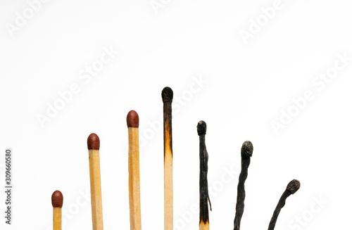 burnt and unburnt matchsticks on white background