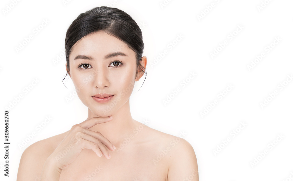  Closeup portrait of asian fair perfect healthy glow skin woman isolated on white background, asian beautiful girl with pretty smile on her face. Beauty clinic skincare spa and surgery concept - obrazy, fototapety, plakaty 