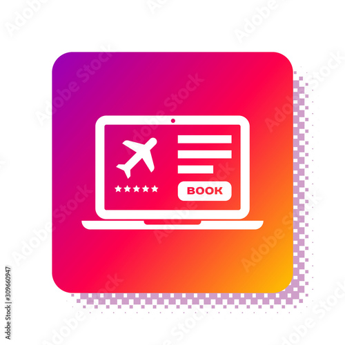 White Laptop with electronic boarding pass airline ticket icon isolated on white background. Passenger plane mobile ticket for web and app. Square color button. Vector Illustration