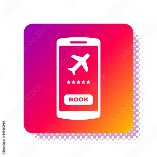 White Smartphone with electronic boarding pass airline ticket icon isolated on white background. Passenger plane mobile ticket for web and app. Square color button. Vector Illustration